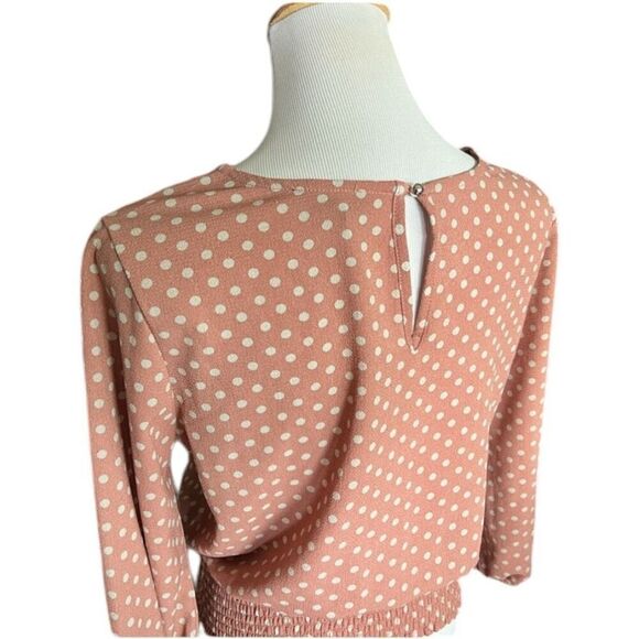 Womens Olm Blush Polka Dot 3/4 Sleeve Keyhole Back Peplum Blouse Top - Sz M - Picture 2 of 2